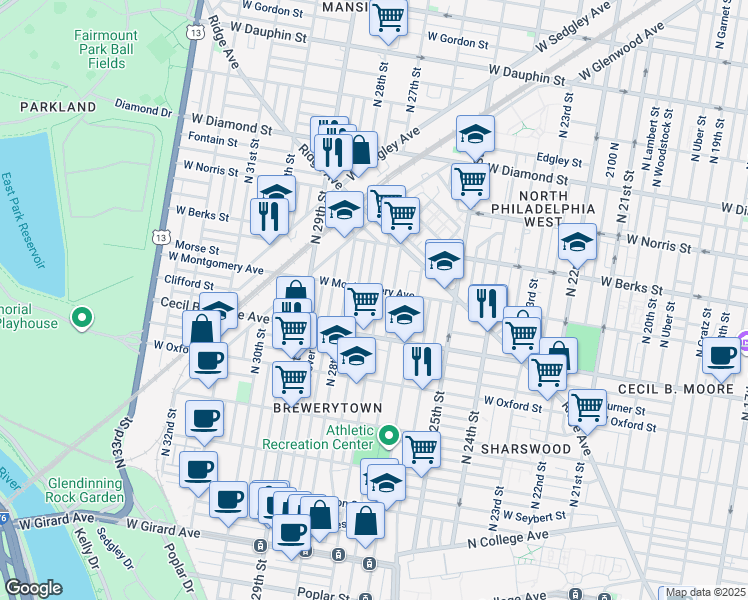 map of restaurants, bars, coffee shops, grocery stores, and more near 1742 North 27th Street in Philadelphia