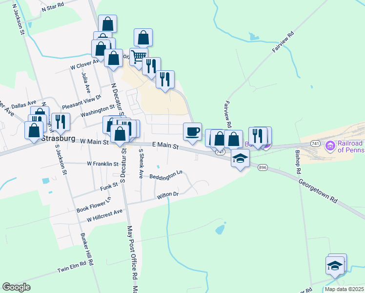 map of restaurants, bars, coffee shops, grocery stores, and more near 135 East Main Street in Strasburg