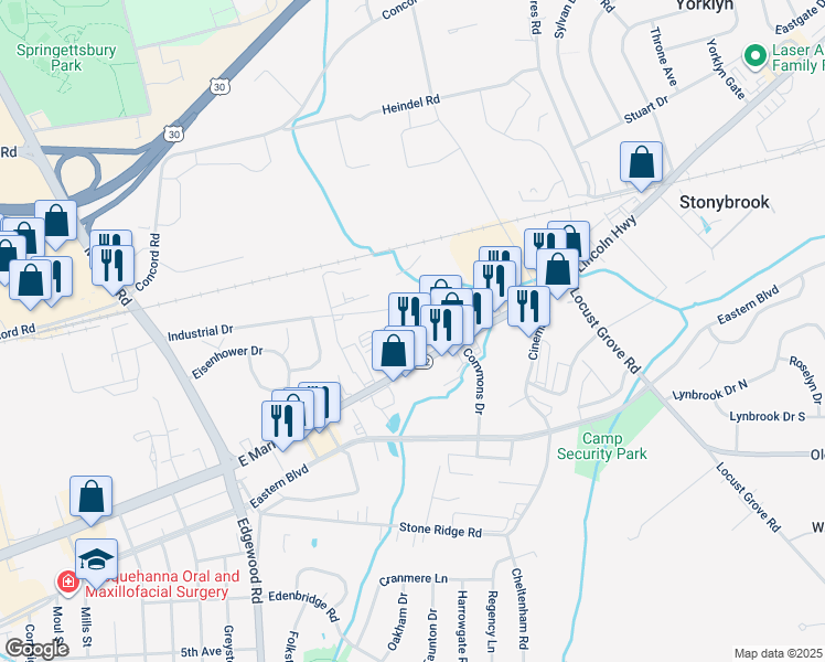 map of restaurants, bars, coffee shops, grocery stores, and more near 3597 East Market Street in York