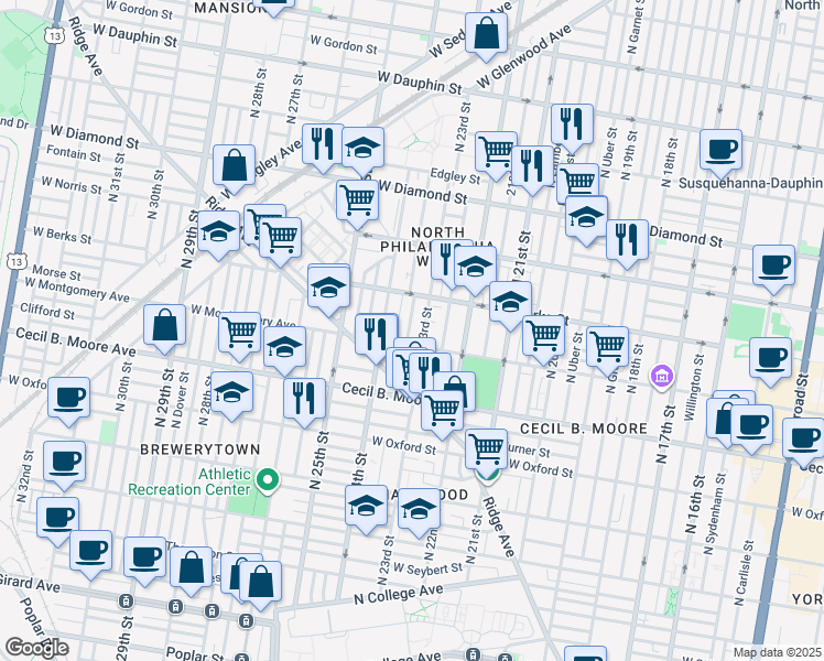 map of restaurants, bars, coffee shops, grocery stores, and more near 1815 Judson Street in Philadelphia