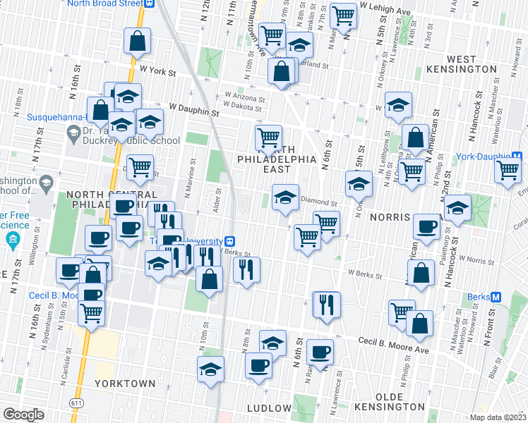 map of restaurants, bars, coffee shops, grocery stores, and more near 2024 North 8th Street in Philadelphia