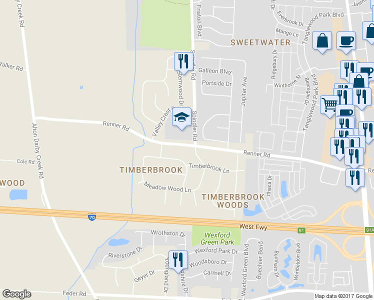 map of restaurants, bars, coffee shops, grocery stores, and more near 6053 Renner Road in Columbus