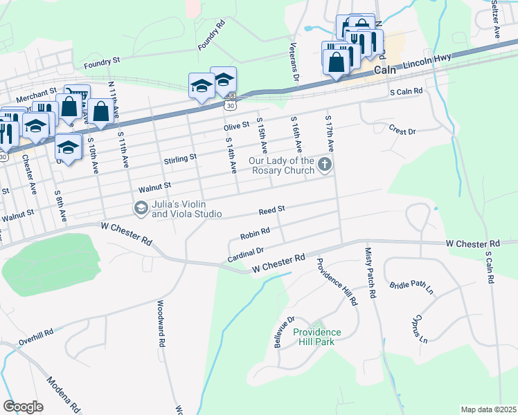 map of restaurants, bars, coffee shops, grocery stores, and more near 1409 Reed Street in Coatesville