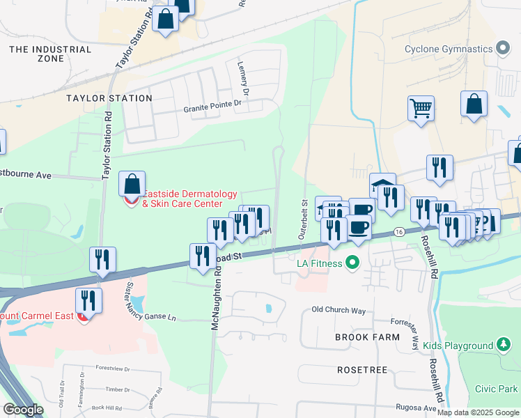 map of restaurants, bars, coffee shops, grocery stores, and more near 79 Blossom Field Boulevard in Columbus