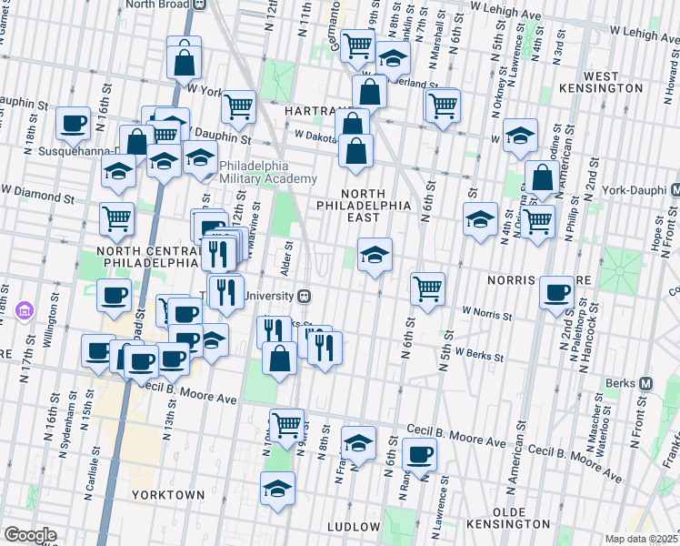 map of restaurants, bars, coffee shops, grocery stores, and more near 2018 North Darien Street in Philadelphia