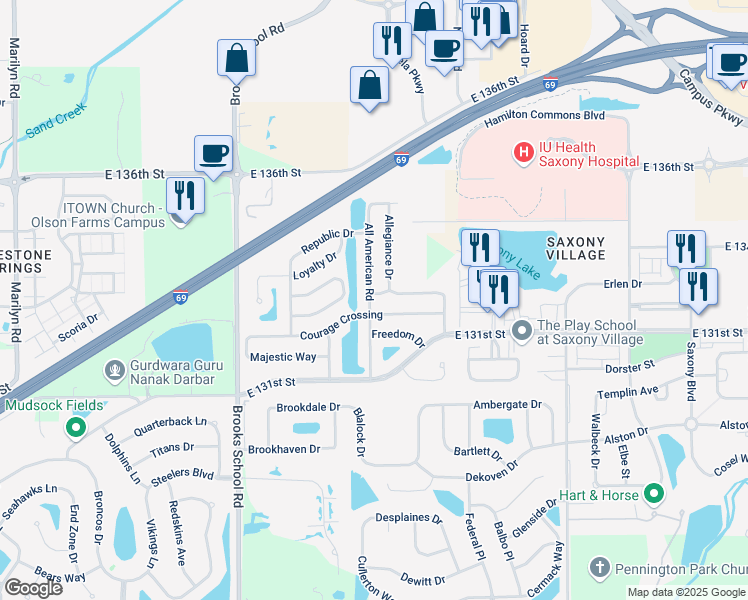 map of restaurants, bars, coffee shops, grocery stores, and more near 12793 Old Glory Drive in Fishers