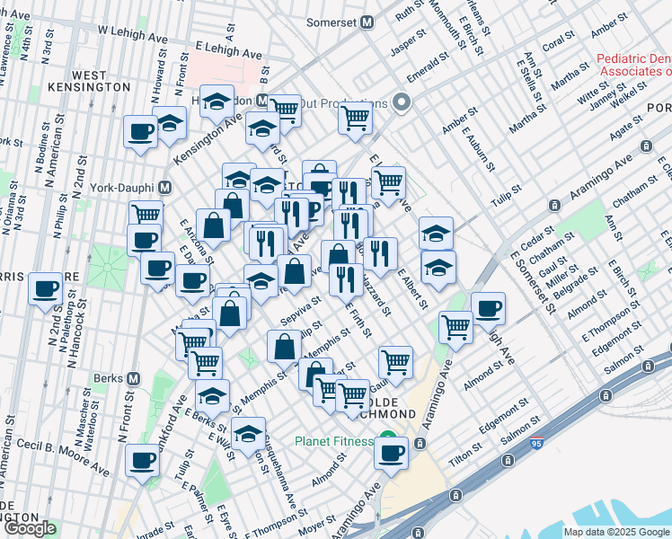 map of restaurants, bars, coffee shops, grocery stores, and more near 2158 East Sergeant Street in Philadelphia