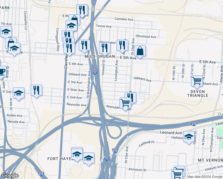 map of restaurants, bars, coffee shops, grocery stores, and more near 802 East Starr Avenue in Columbus