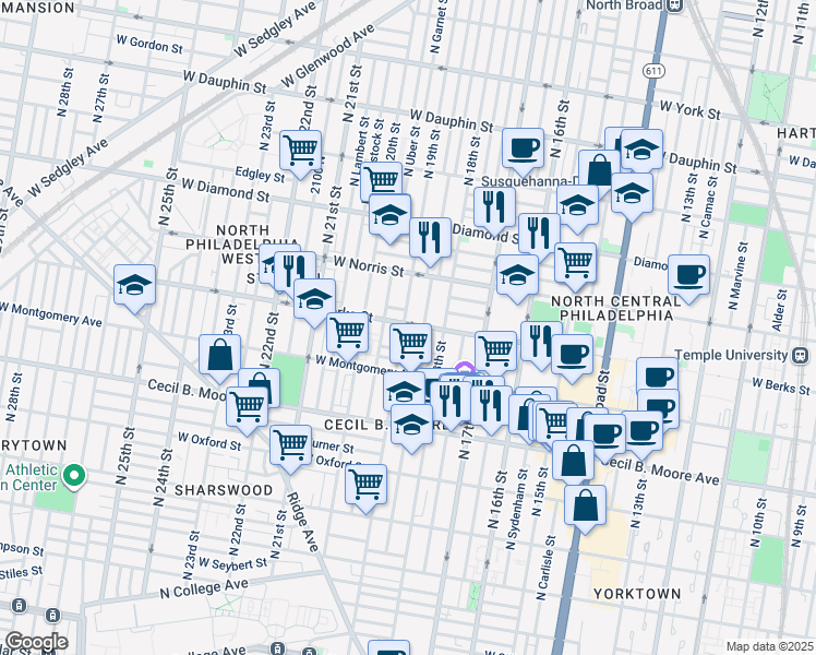 map of restaurants, bars, coffee shops, grocery stores, and more near 1853 North 19th Street in Philadelphia