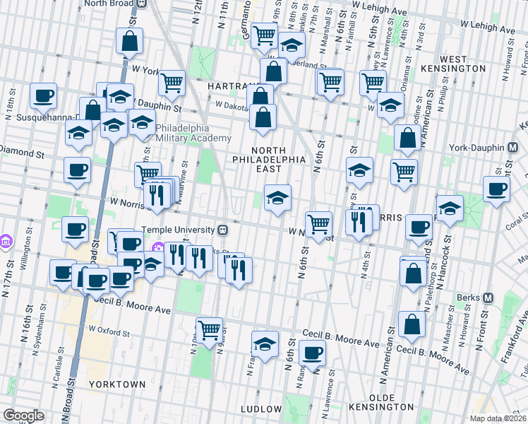 map of restaurants, bars, coffee shops, grocery stores, and more near 2021 North 8th Street in Philadelphia