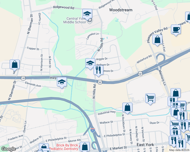 map of restaurants, bars, coffee shops, grocery stores, and more near 1701 Whiteford Road in York