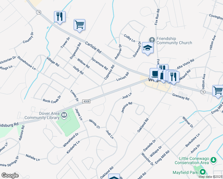 map of restaurants, bars, coffee shops, grocery stores, and more near 3431 Davidsburg Road in Dover