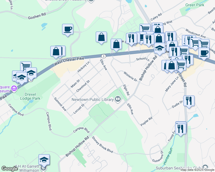 map of restaurants, bars, coffee shops, grocery stores, and more near 15 Locust Street in Newtown Square
