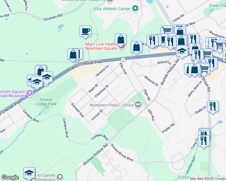 map of restaurants, bars, coffee shops, grocery stores, and more near 35 Walnut Street in Newtown Square