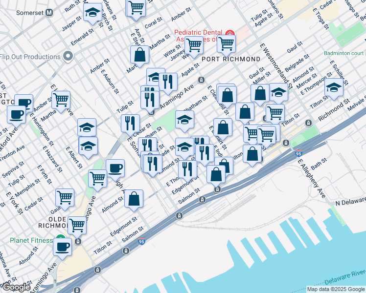 map of restaurants, bars, coffee shops, grocery stores, and more near 2550 East Birch Street in Philadelphia