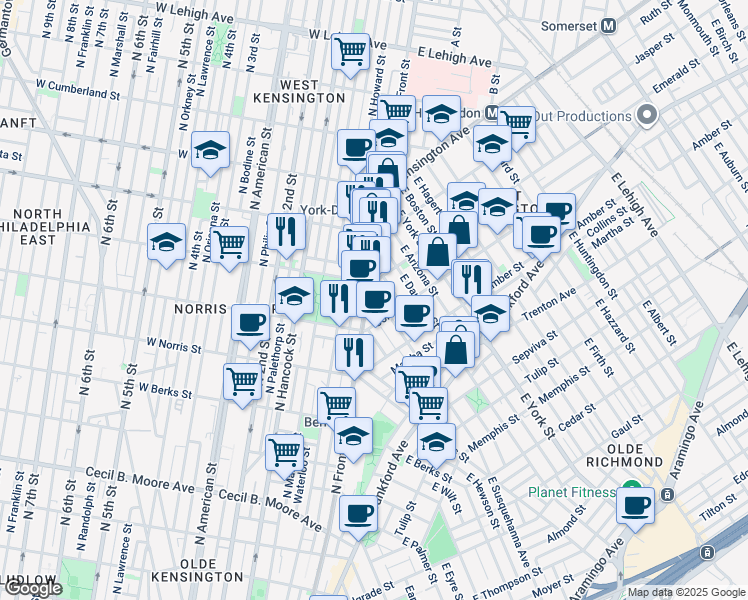 map of restaurants, bars, coffee shops, grocery stores, and more near 2010 East Susquehanna Avenue in Philadelphia