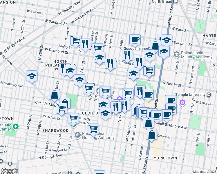 map of restaurants, bars, coffee shops, grocery stores, and more near West Berks Street & North Gratz Street in Philadelphia