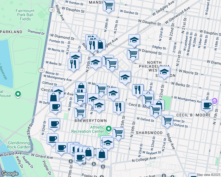 map of restaurants, bars, coffee shops, grocery stores, and more near 1761 North Taney Street in Philadelphia