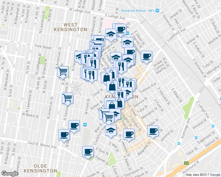 map of restaurants, bars, coffee shops, grocery stores, and more near 2050 East Arizona Street in Philadelphia