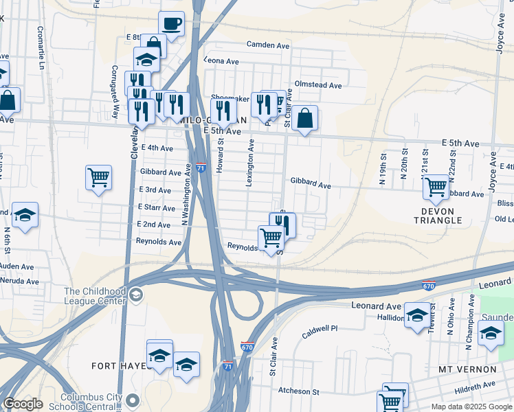 map of restaurants, bars, coffee shops, grocery stores, and more near 844 East Starr Avenue in Columbus
