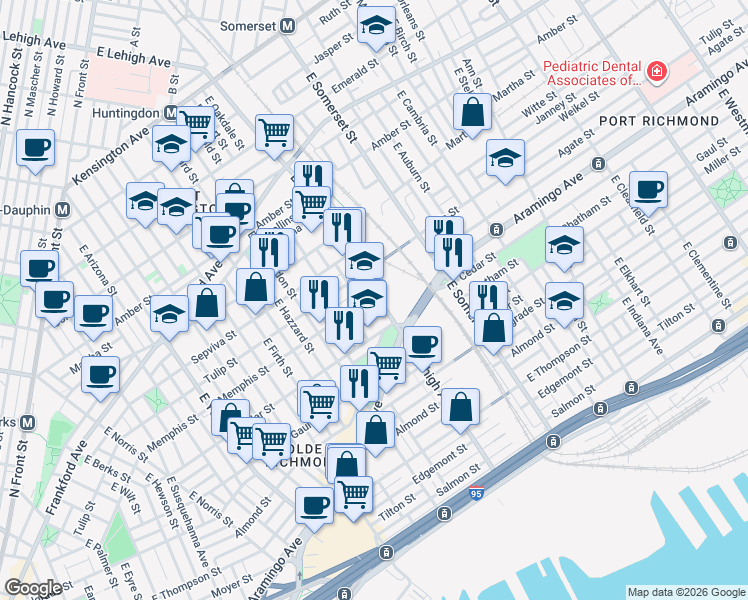 map of restaurants, bars, coffee shops, grocery stores, and more near 2328 East Lehigh Avenue in Philadelphia