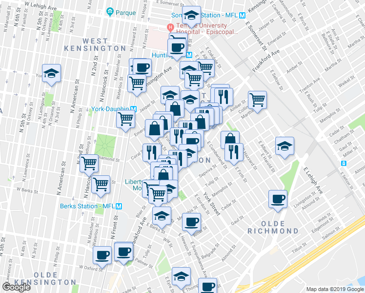 map of restaurants, bars, coffee shops, grocery stores, and more near 2415 Amber Street in Philadelphia