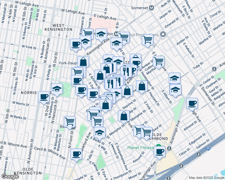 map of restaurants, bars, coffee shops, grocery stores, and more near 2415 Amber Street in Philadelphia