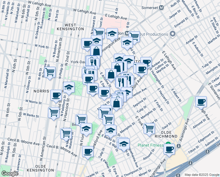map of restaurants, bars, coffee shops, grocery stores, and more near 2050 East Arizona Street in Philadelphia
