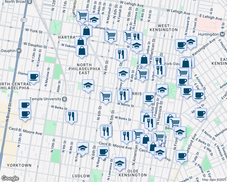 map of restaurants, bars, coffee shops, grocery stores, and more near 2055 North Reese Street in Philadelphia