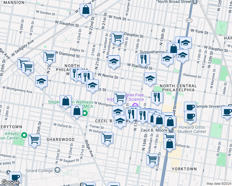 map of restaurants, bars, coffee shops, grocery stores, and more near in Philadelphia