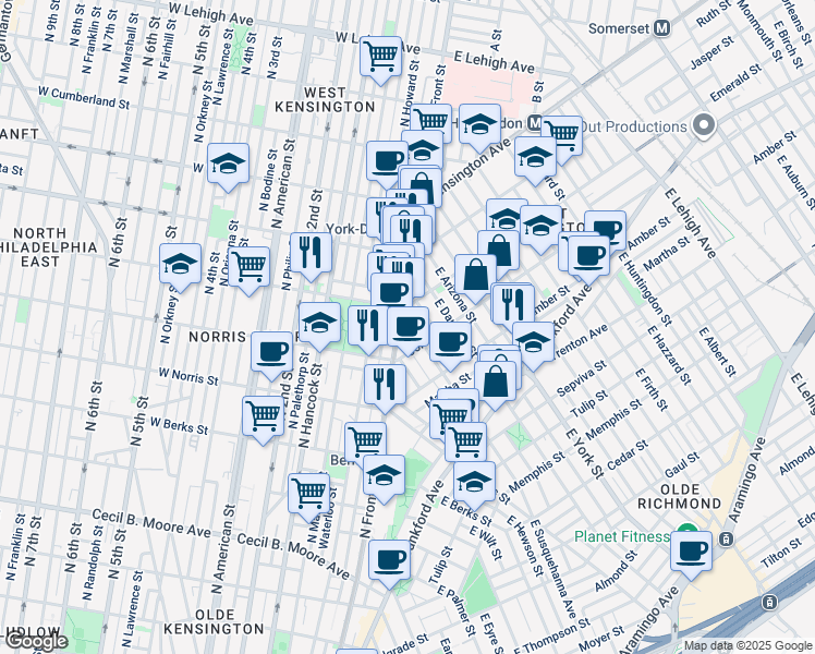 map of restaurants, bars, coffee shops, grocery stores, and more near 2010 East Susquehanna Avenue in Philadelphia
