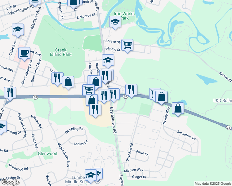 map of restaurants, bars, coffee shops, grocery stores, and more near 1655 New Jersey 38 in Mount Holly