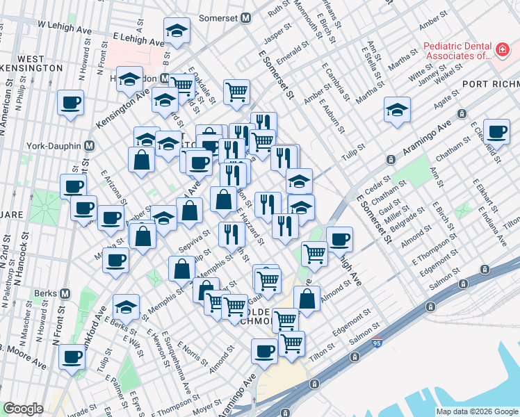 map of restaurants, bars, coffee shops, grocery stores, and more near 2223 East Huntingdon Street in Philadelphia