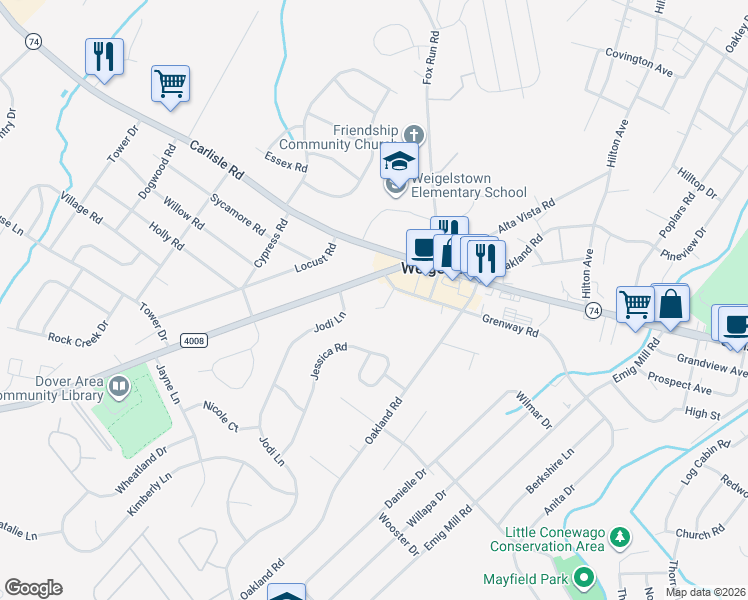 map of restaurants, bars, coffee shops, grocery stores, and more near 2410 Oakmont Road in Dover