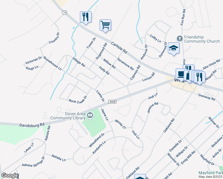 map of restaurants, bars, coffee shops, grocery stores, and more near 2551 Locust Road in Dover