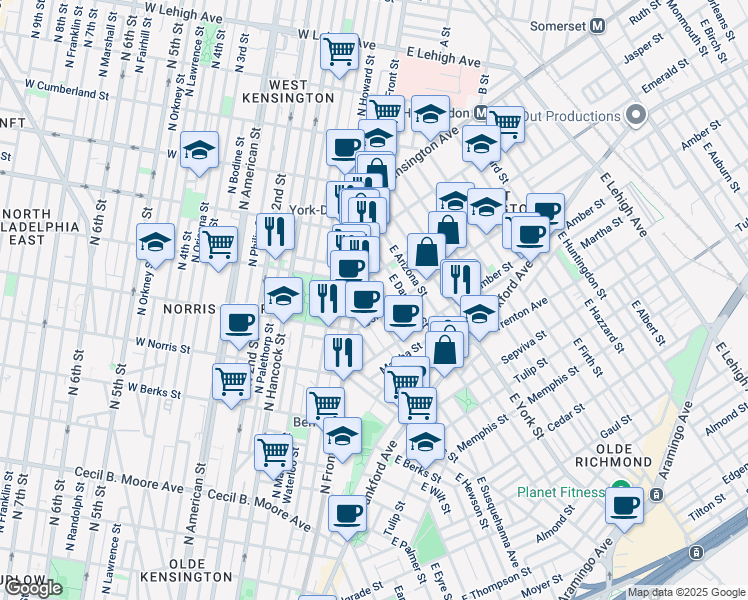 map of restaurants, bars, coffee shops, grocery stores, and more near 2021 East Susquehanna Avenue in Philadelphia