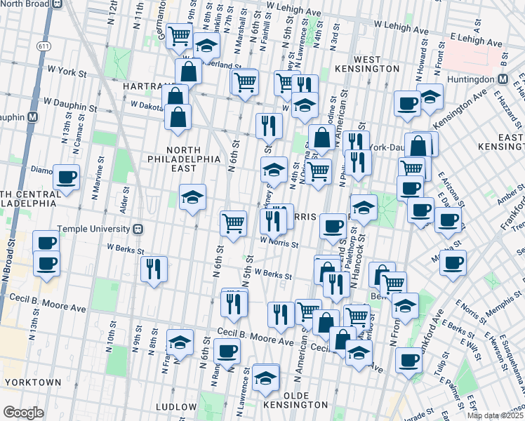 map of restaurants, bars, coffee shops, grocery stores, and more near 440 Diamond Street in Philadelphia