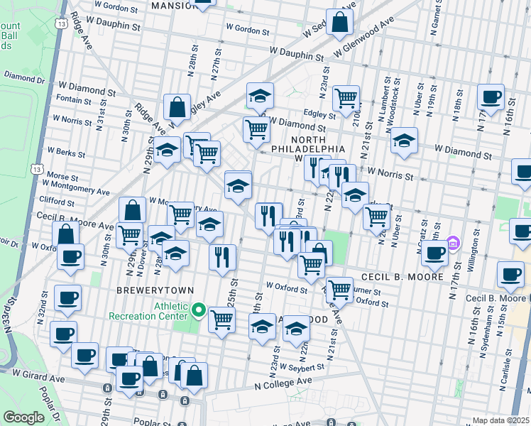map of restaurants, bars, coffee shops, grocery stores, and more near 1803 North Ringgold Street in Philadelphia