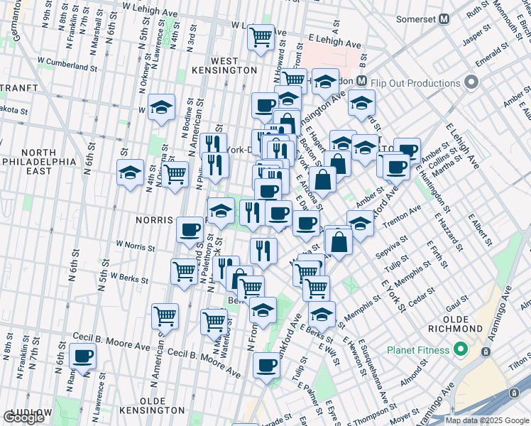 map of restaurants, bars, coffee shops, grocery stores, and more near 2135 Hope Street in Philadelphia