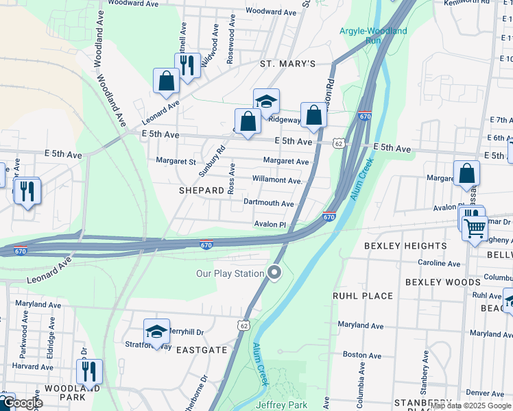 map of restaurants, bars, coffee shops, grocery stores, and more near 2187 Dartmouth Avenue in Columbus