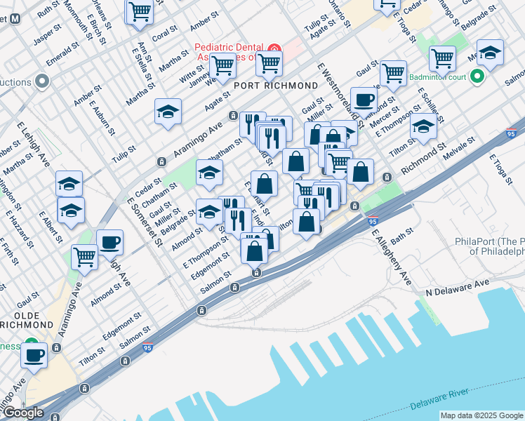 map of restaurants, bars, coffee shops, grocery stores, and more near 3010 East Thompson Street in Philadelphia