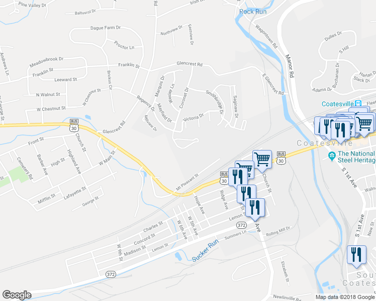 map of restaurants, bars, coffee shops, grocery stores, and more near 125 Country Run Drive in Coatesville