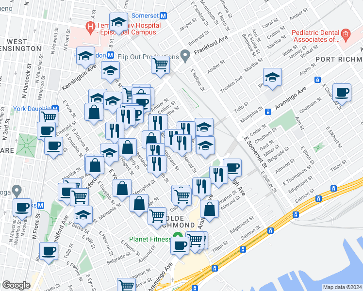 map of restaurants, bars, coffee shops, grocery stores, and more near 2622 Tulip Street in Philadelphia