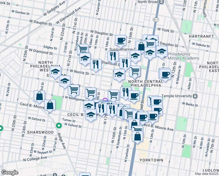 map of restaurants, bars, coffee shops, grocery stores, and more near 1910 North 17th Street in Philadelphia