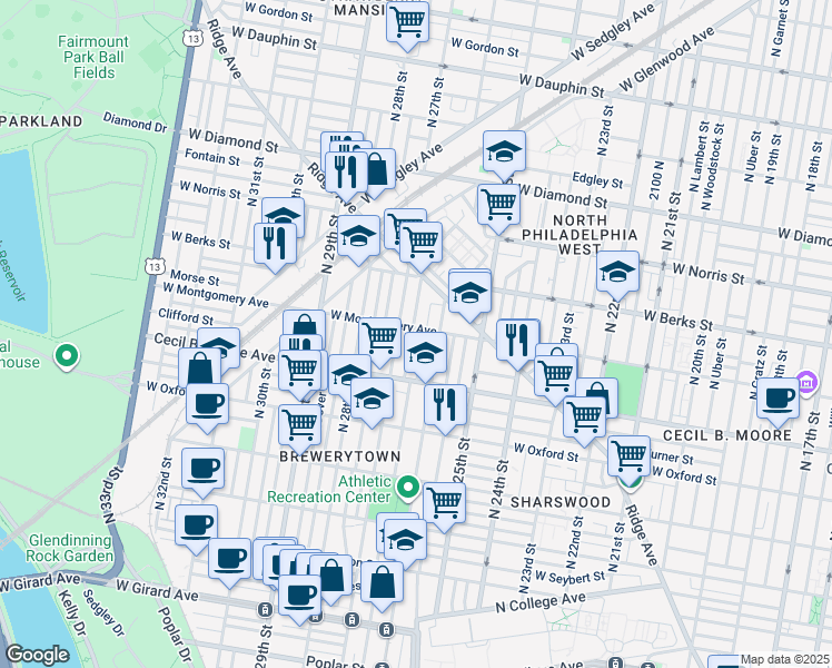 map of restaurants, bars, coffee shops, grocery stores, and more near 1763 North Taney Street in Philadelphia