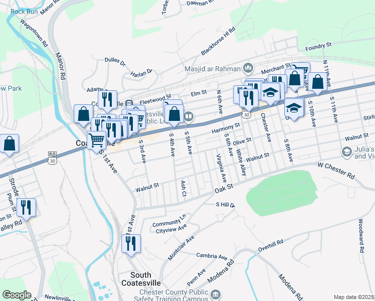 map of restaurants, bars, coffee shops, grocery stores, and more near 64 South 5th Avenue in Coatesville