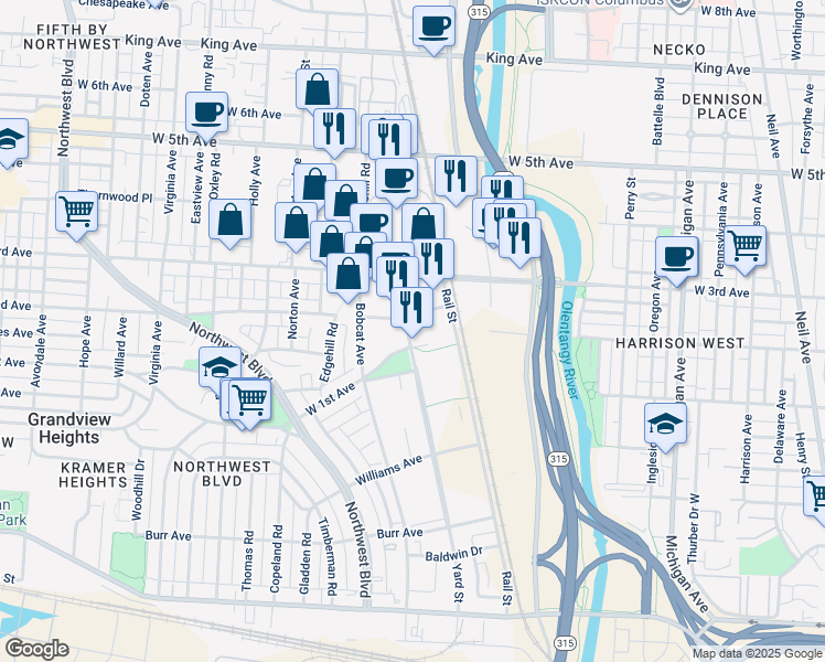 map of restaurants, bars, coffee shops, grocery stores, and more near 1080 Yard Street in Grandview Heights