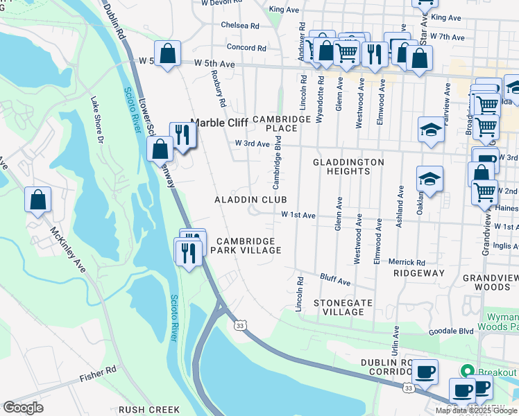 map of restaurants, bars, coffee shops, grocery stores, and more near 1304 Arlington Avenue in Columbus