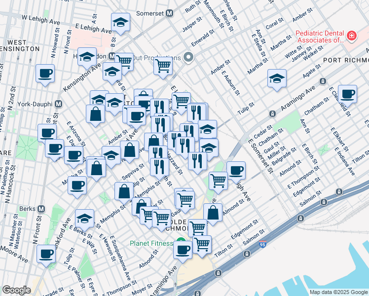 map of restaurants, bars, coffee shops, grocery stores, and more near 2622 Tulip Street in Philadelphia