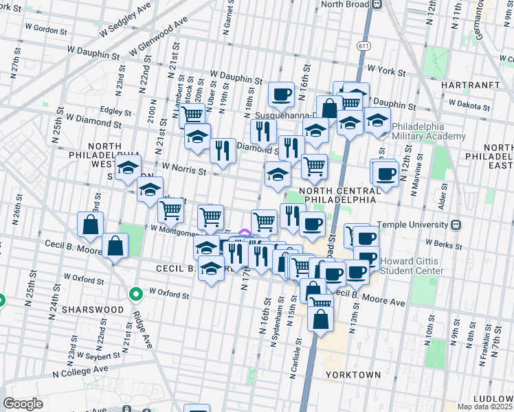 map of restaurants, bars, coffee shops, grocery stores, and more near 1845 North 17th Street in Philadelphia